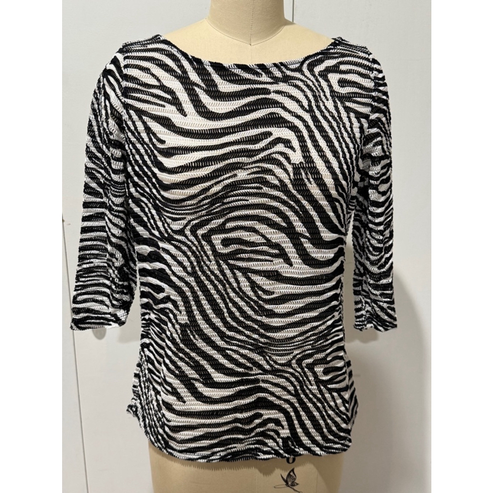 Unbranded Zebra Print stretch semi sheer Top Sz M Black White ruched sides